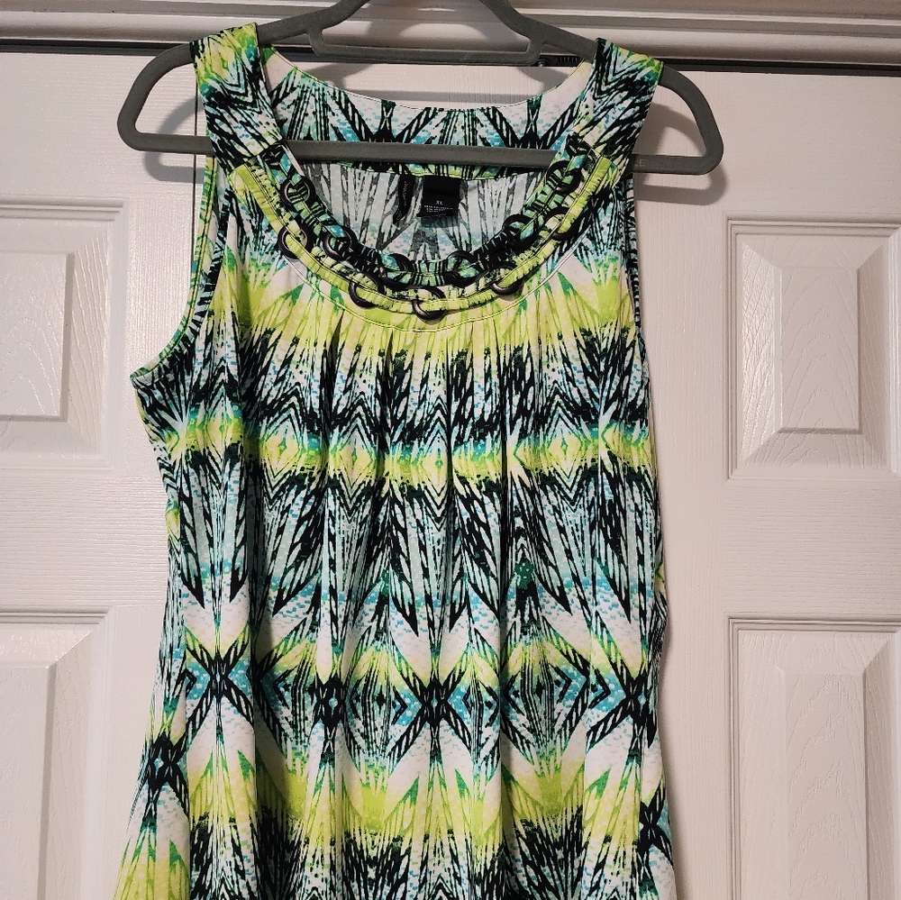 New Directions embellished tank in black, green, white and blue. Size XL.